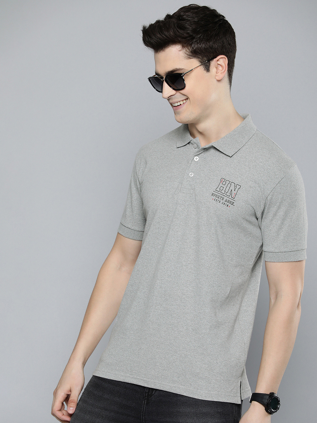 

HERE&NOW Minimal Typography Print Detail Polo Collar T-shirt, Grey