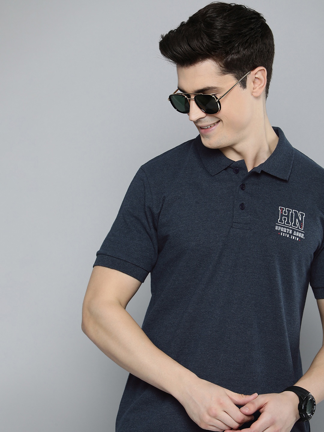 

HERE&NOW Minimal Typography Print Detail Polo Collar T-shirt, Blue