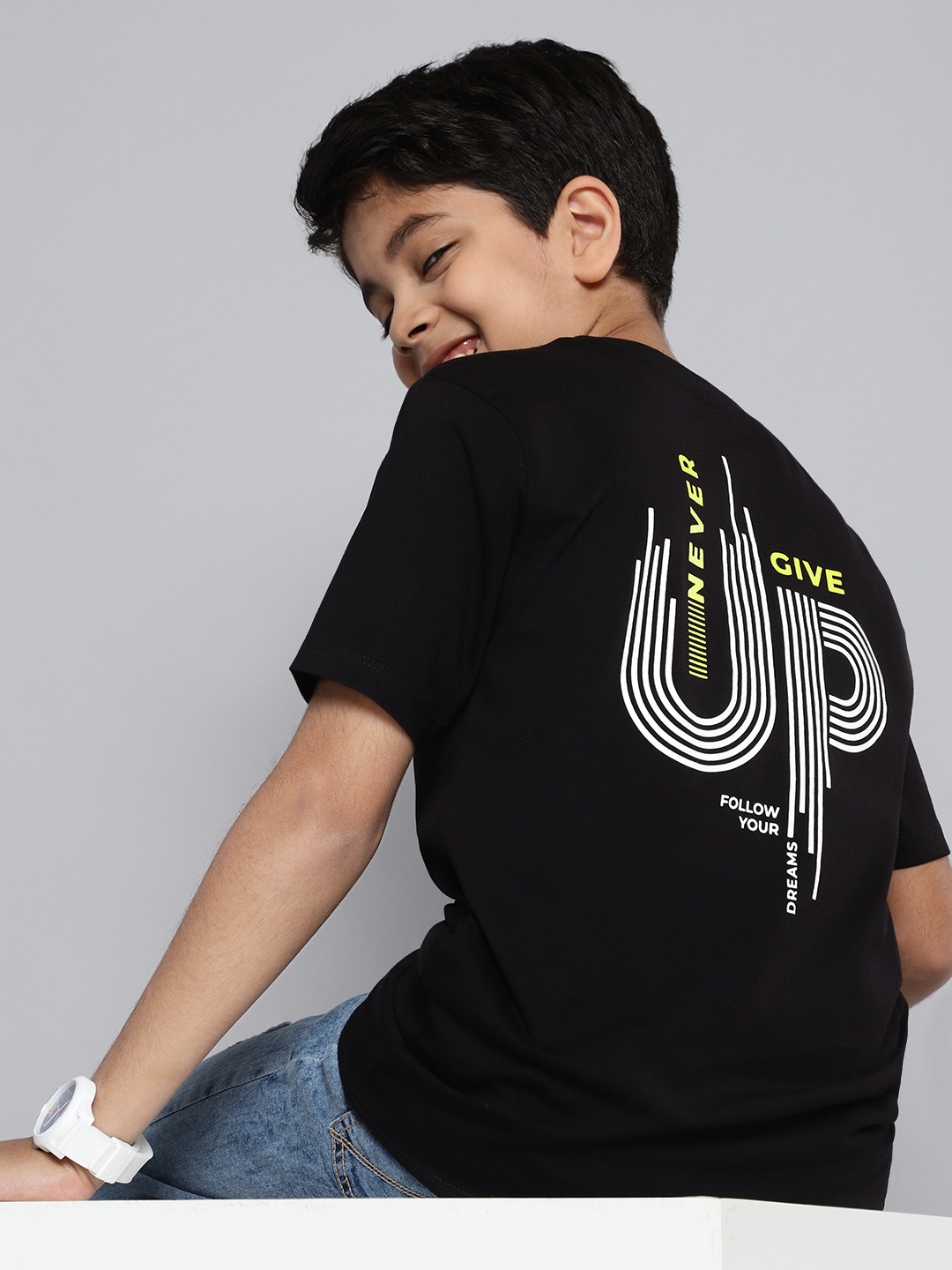 

HERE&NOW Boys Printed Pure Cotton Henley Neck T-shirt, Black