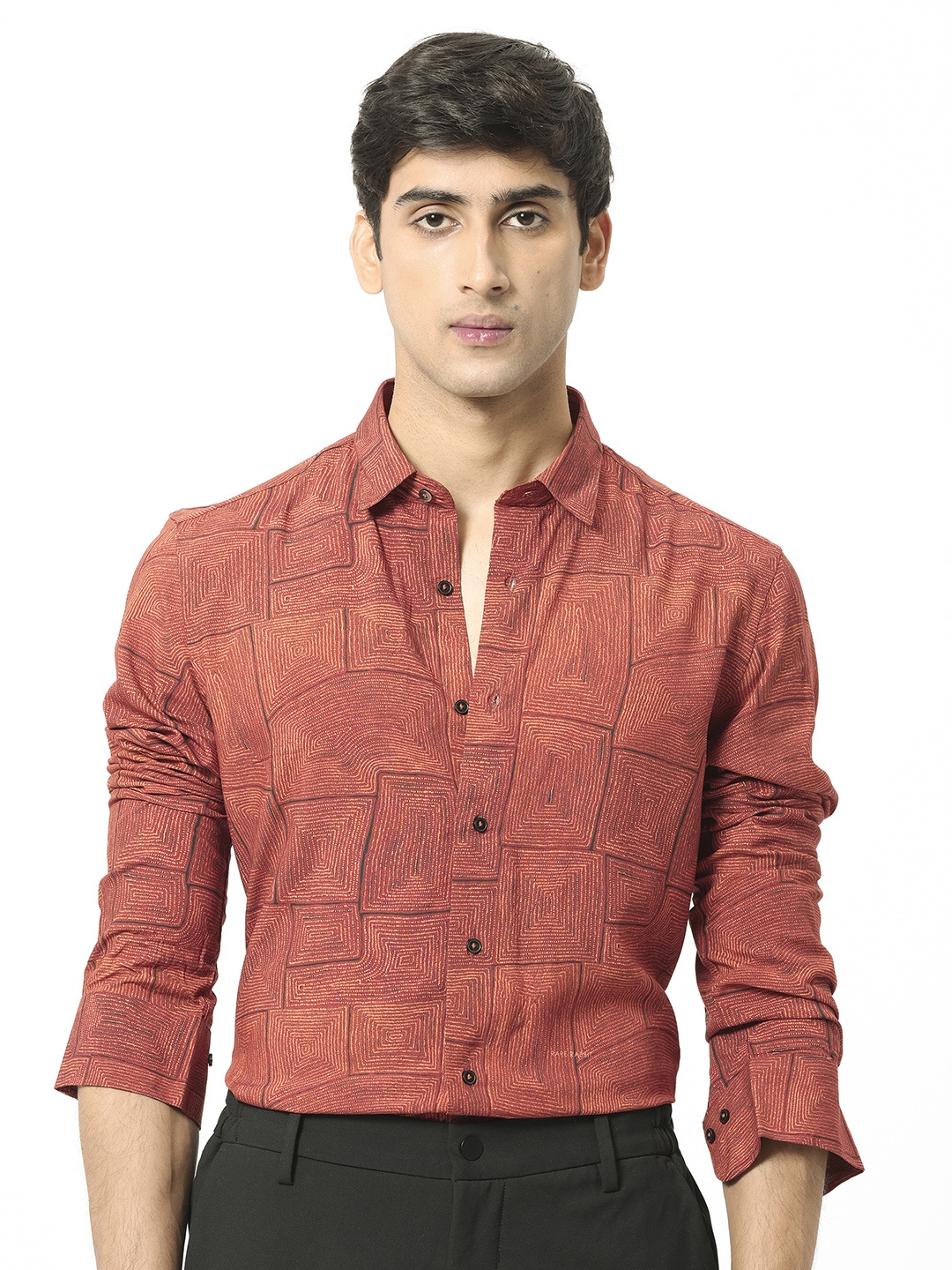 

RARE RABBIT Men Berman Abstract Printed Slim Fit Cotton Shirt, Rust