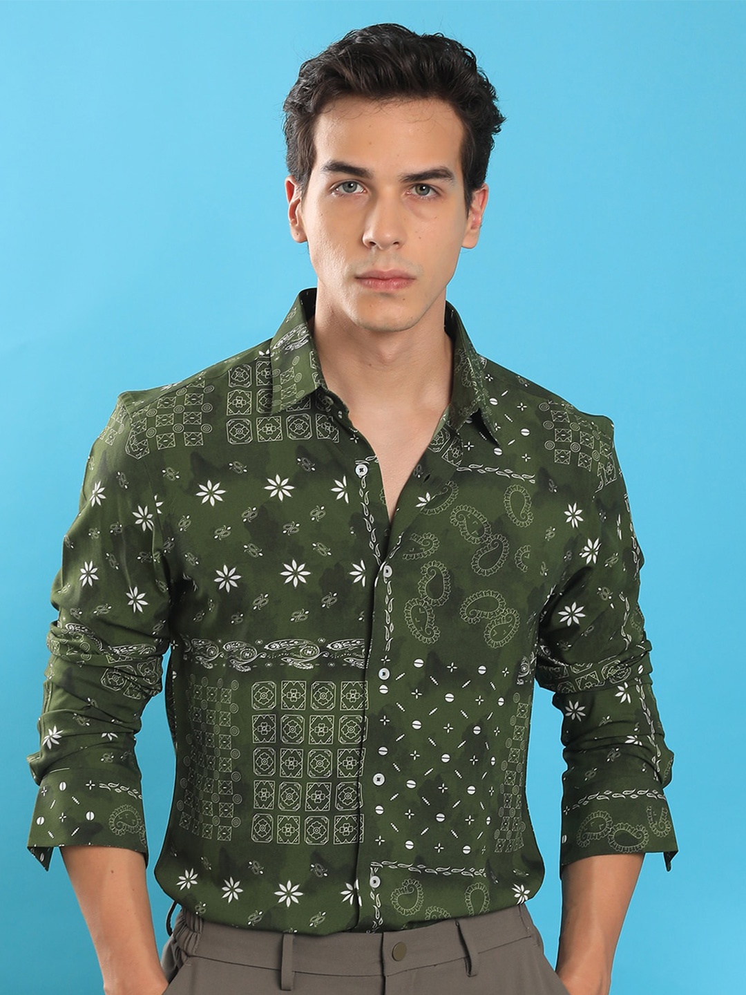 

RARE RABBIT Men Boteh Slim Fit Floral Printed Shirt, Olive