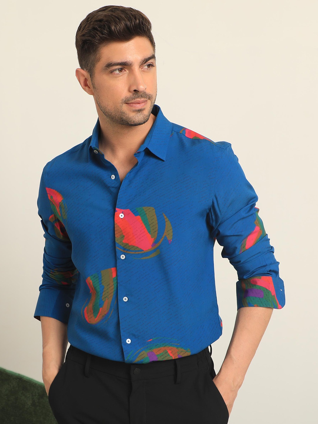 

RARE RABBIT Men Palme Regular Fit Abstract Printed Cotton Shirt, Blue