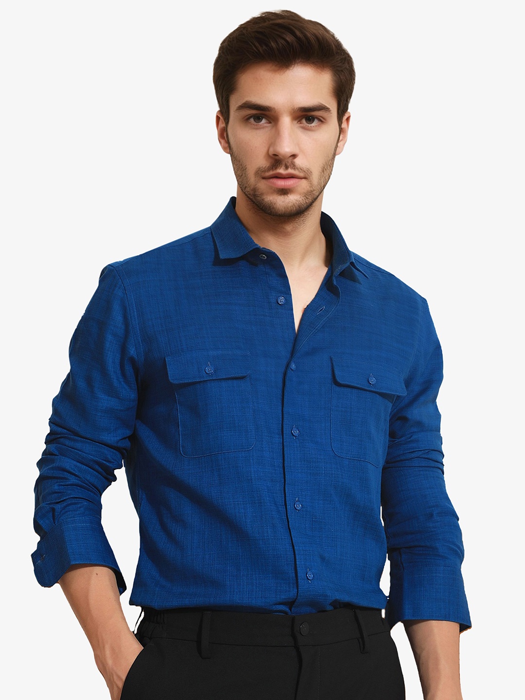 

RARE RABBIT Men Safa Slim Fit Spread Collar Cotton Shirt, Blue