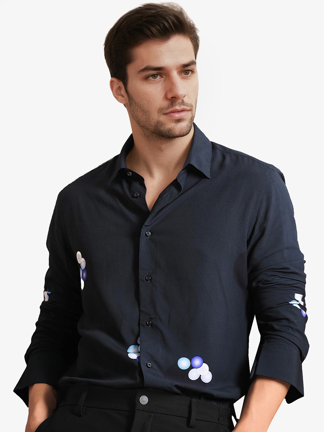 

RARE RABBIT Men Amber Printed Slim Fit Opaque Cotton Shirt, Navy blue