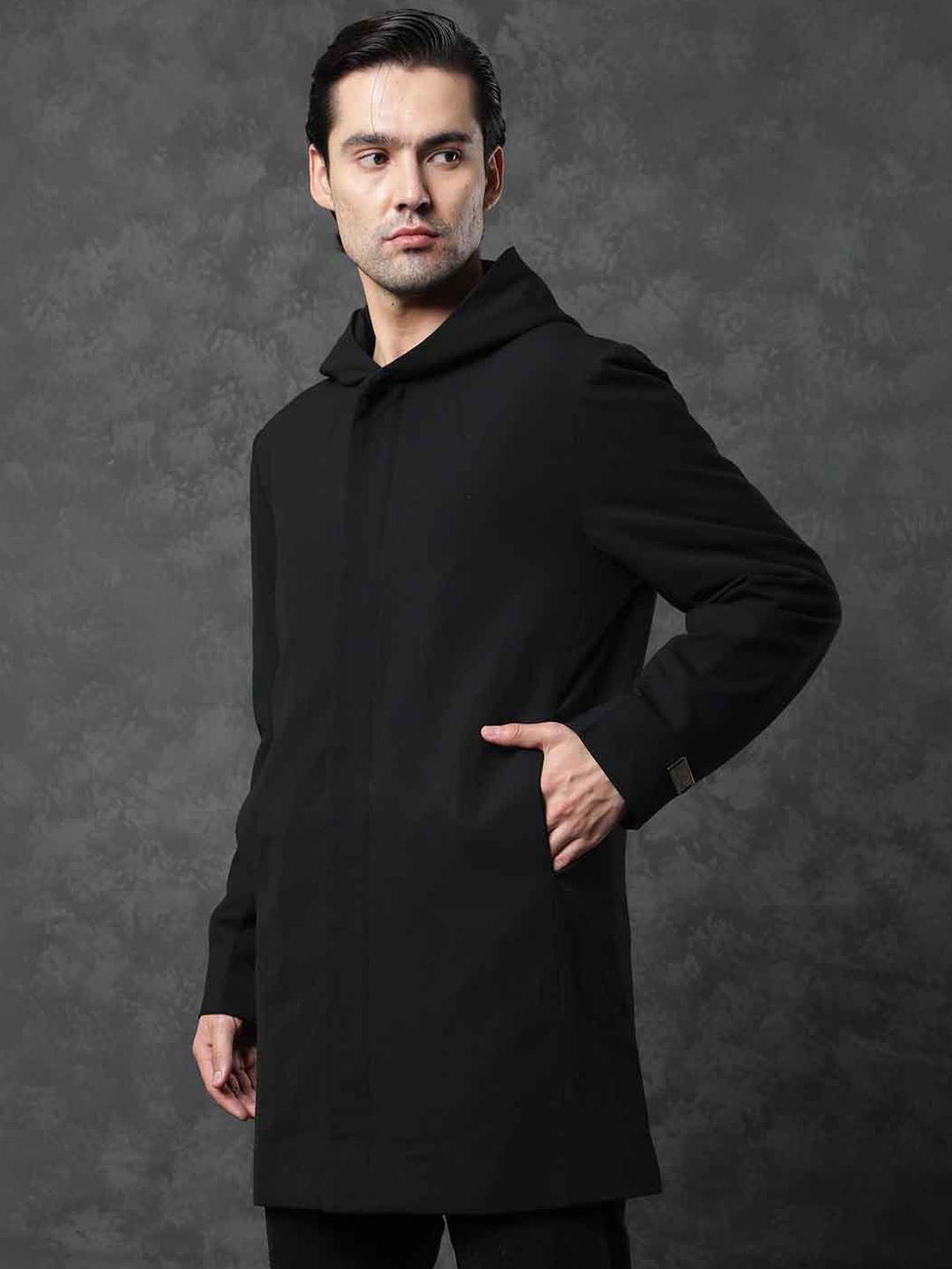 

RARE RABBIT Men Clichy Slim Fit Hooded Neck Longline Parka Jacket, Black