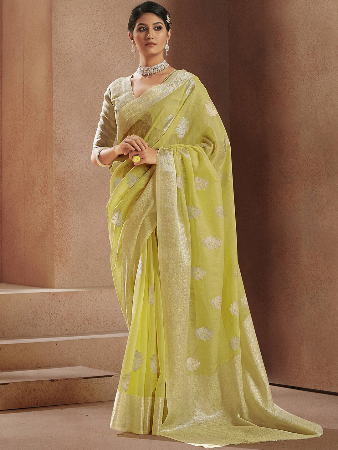 

Satrani Woven Design Zari Saree, Yellow