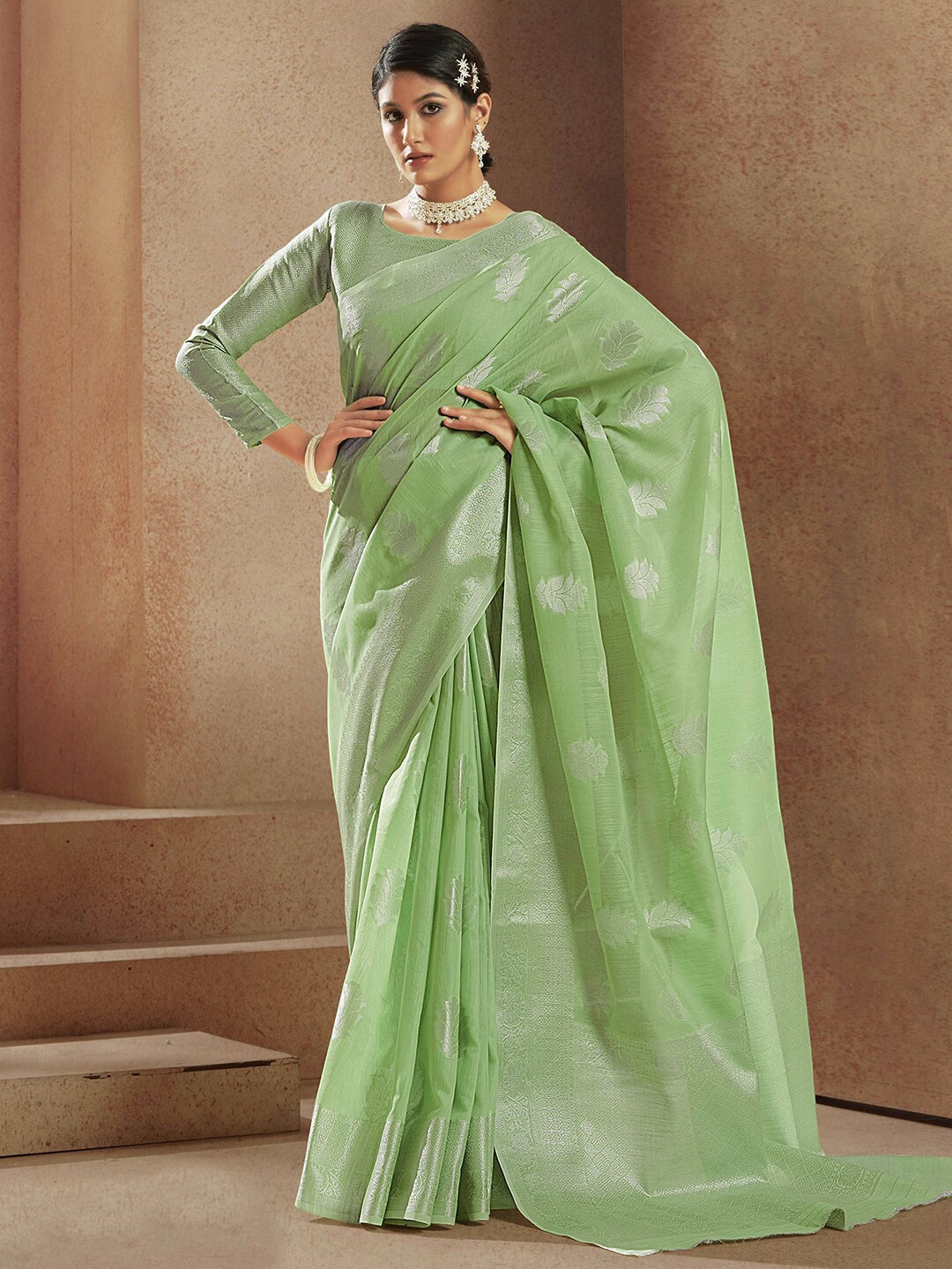 

Satrani Woven Design Zari Linen Blend Saree, Green