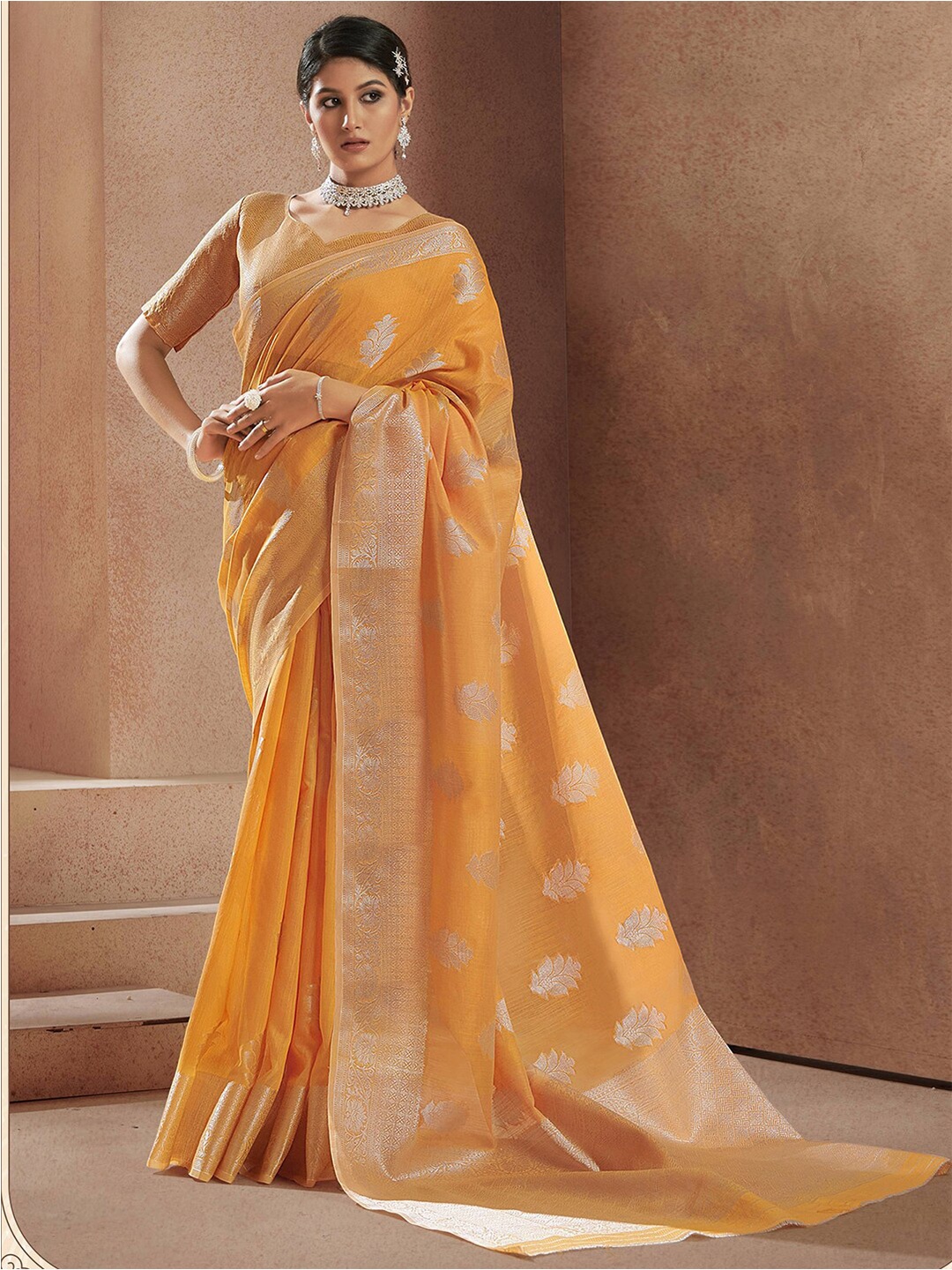 

Satrani Orange Woven Design Zari Saree