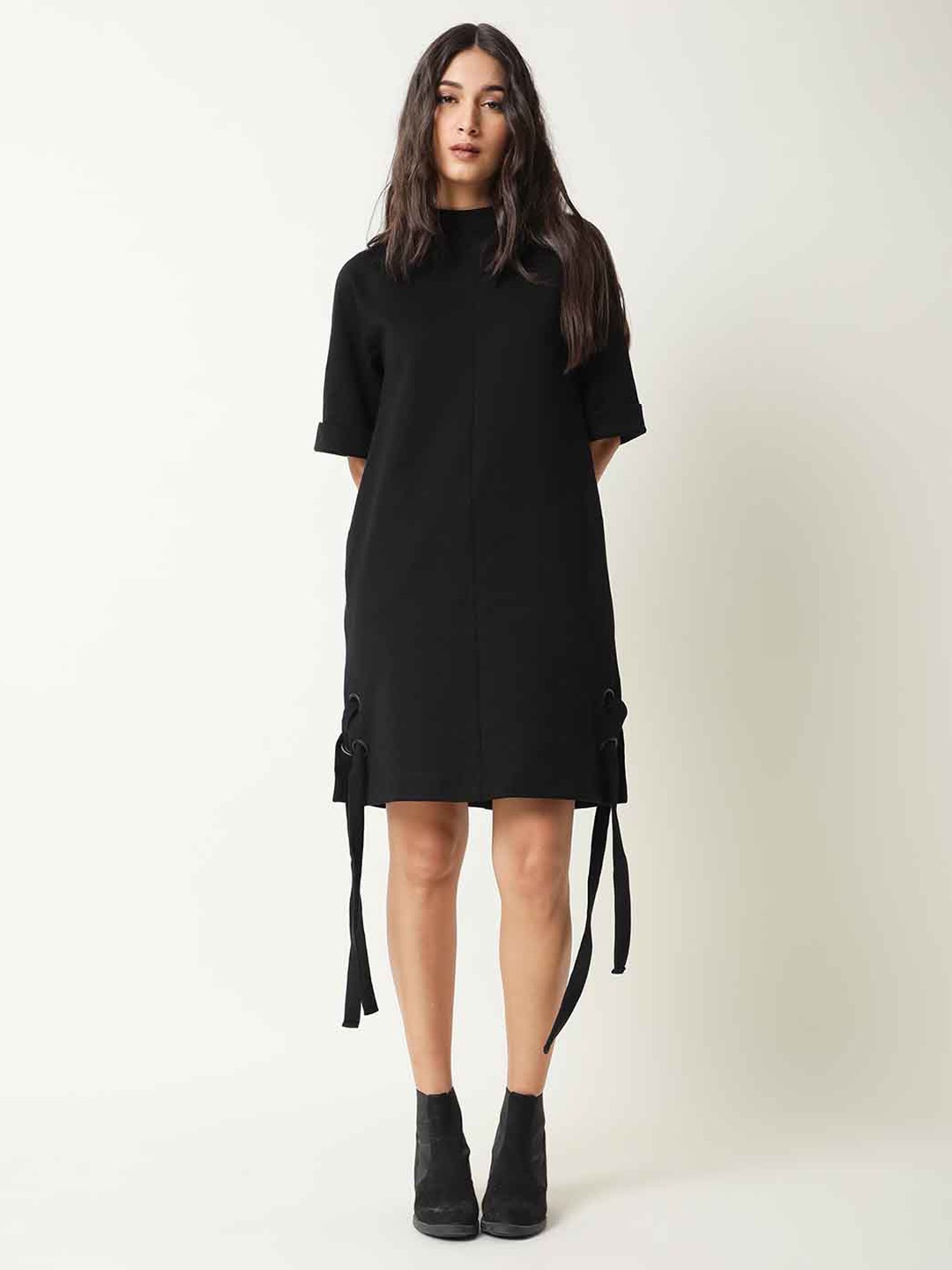 

RAREISM High Neck Tie Up Cotton T-shirt Dress, Black