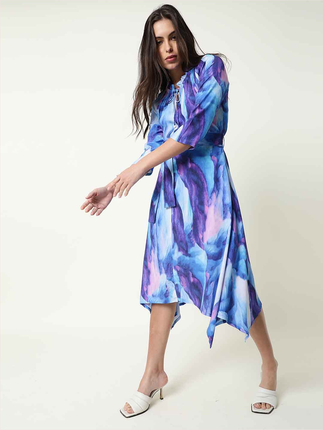 

RAREISM Abstract Printed & Tie Up Detailed A Line Dress, Blue