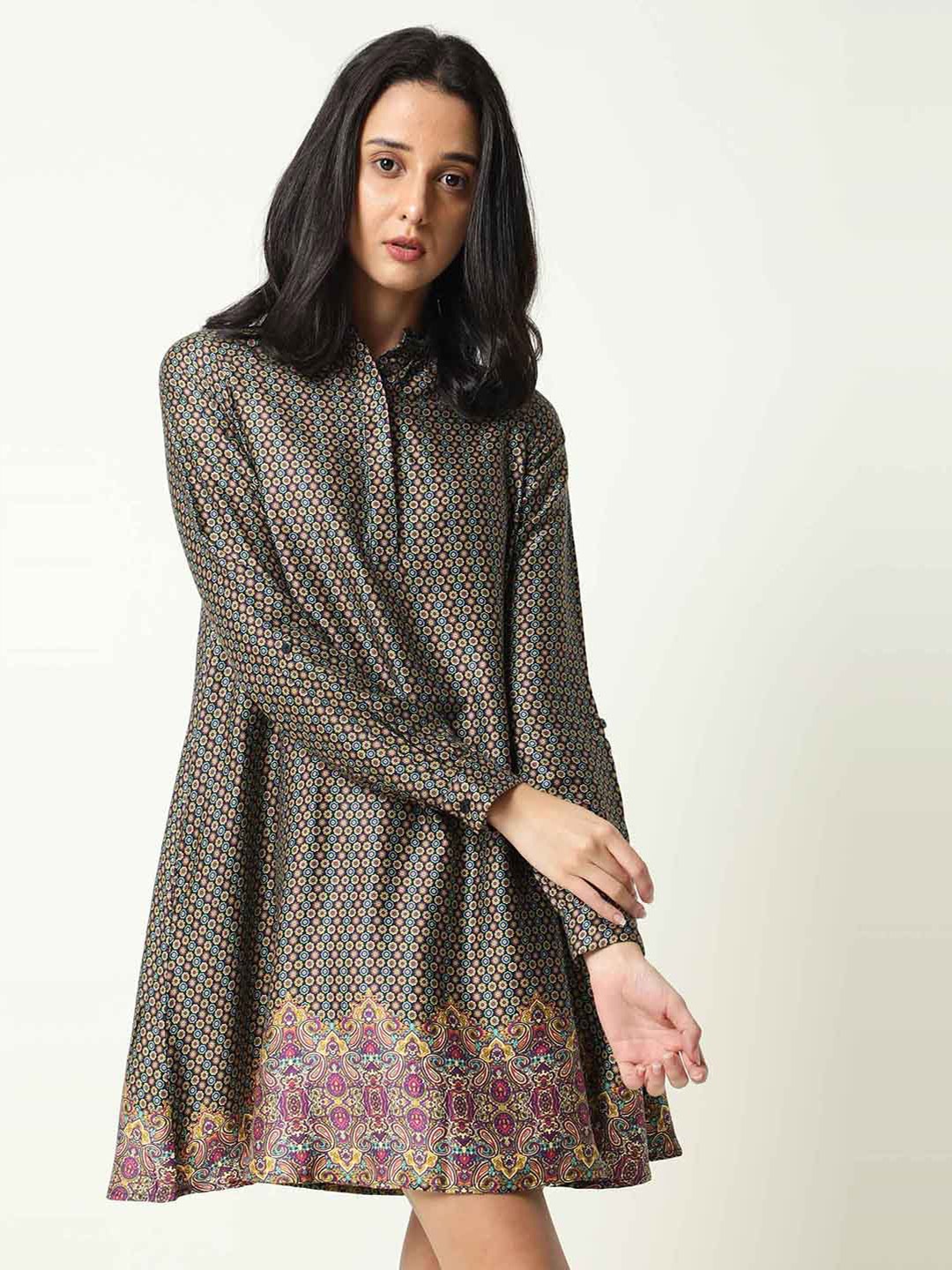 

RAREISM Floral Printed Mandarin Collar Modal A-Line Dress, Black