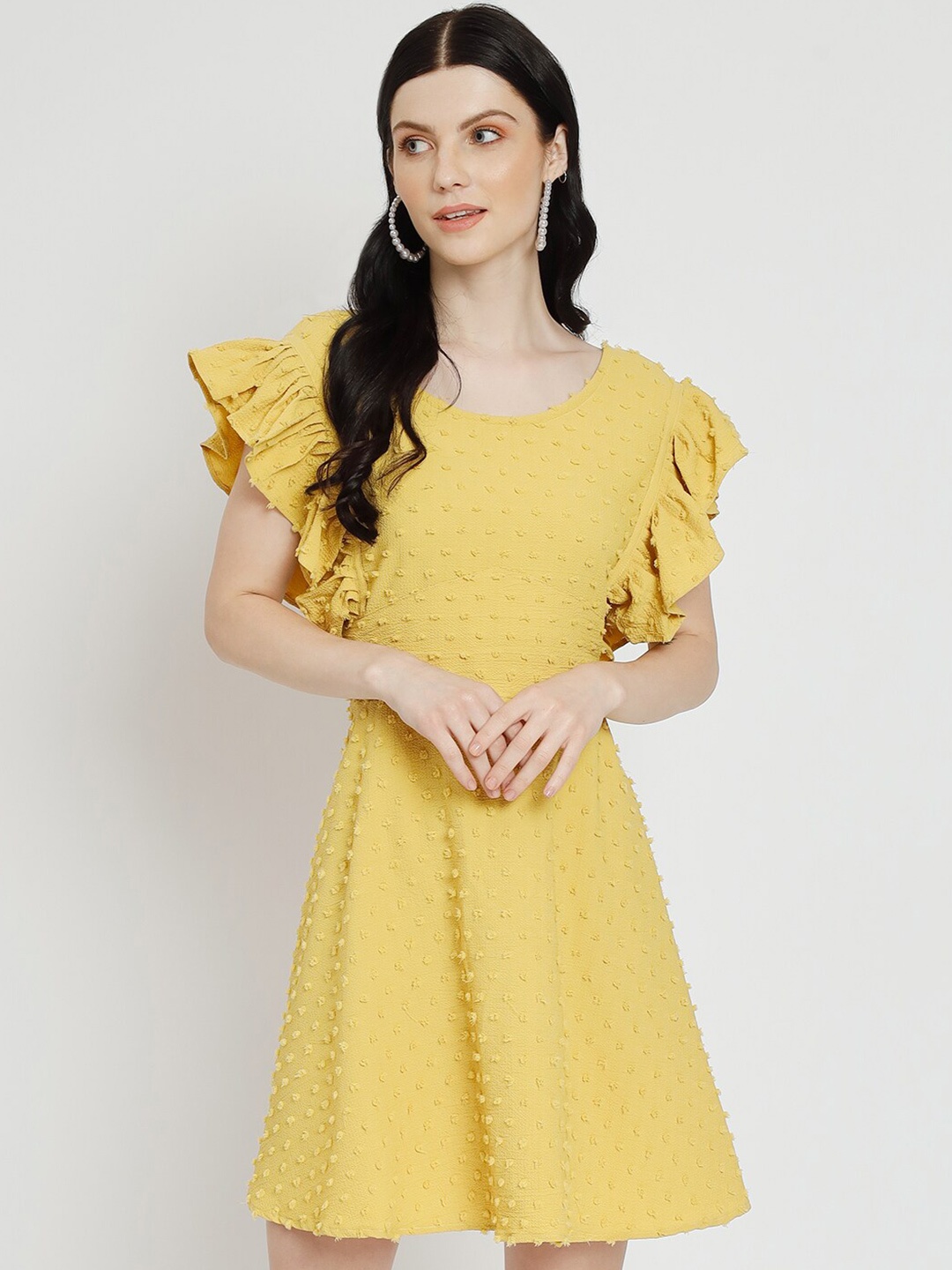 

Warthy Ent Self Designed Flutter Sleeve Cotton Dobby Fit & Flare Casual Dress, Yellow