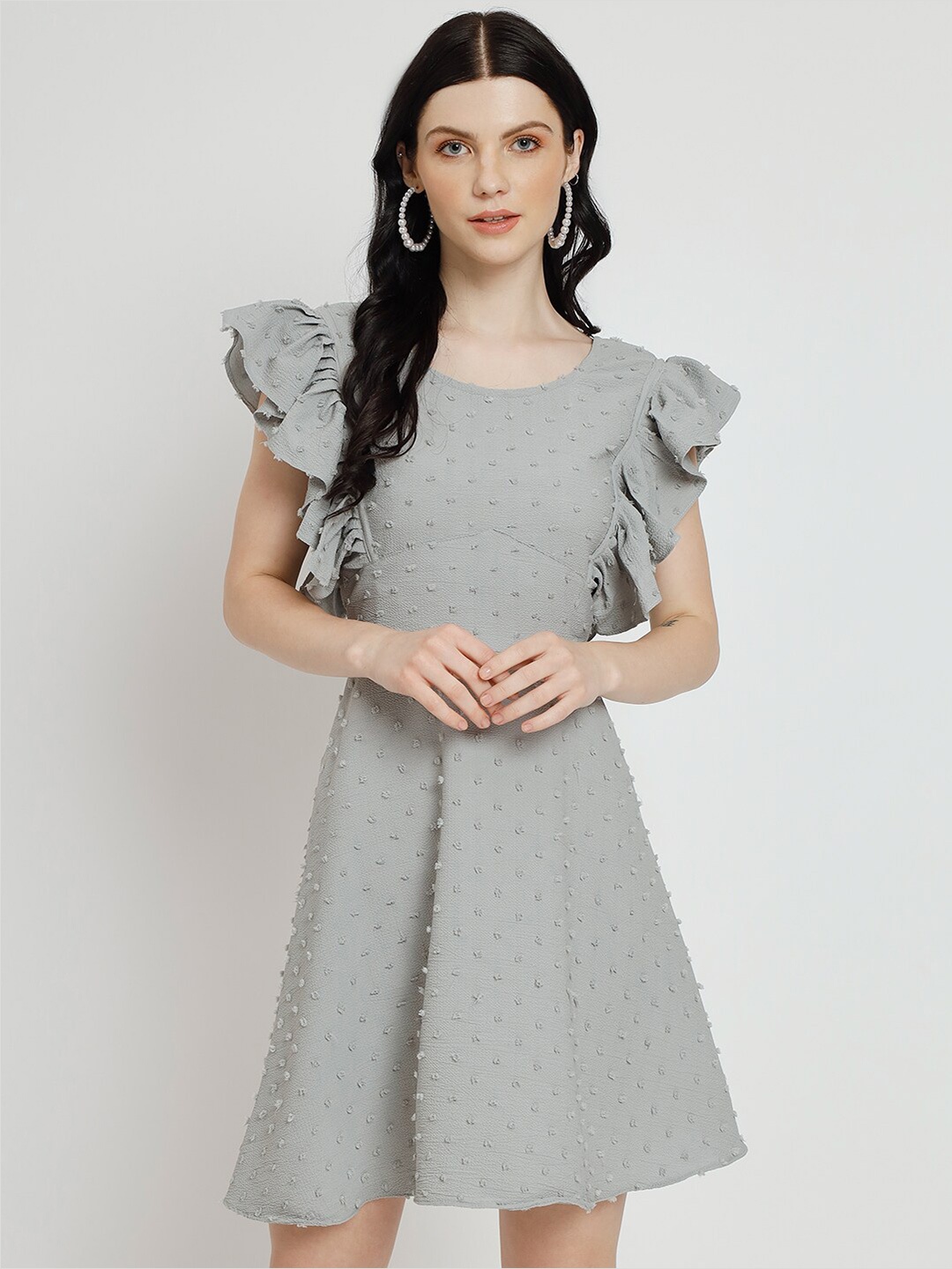 

Warthy Ent Self Design A-line Ruffles Dress, Grey