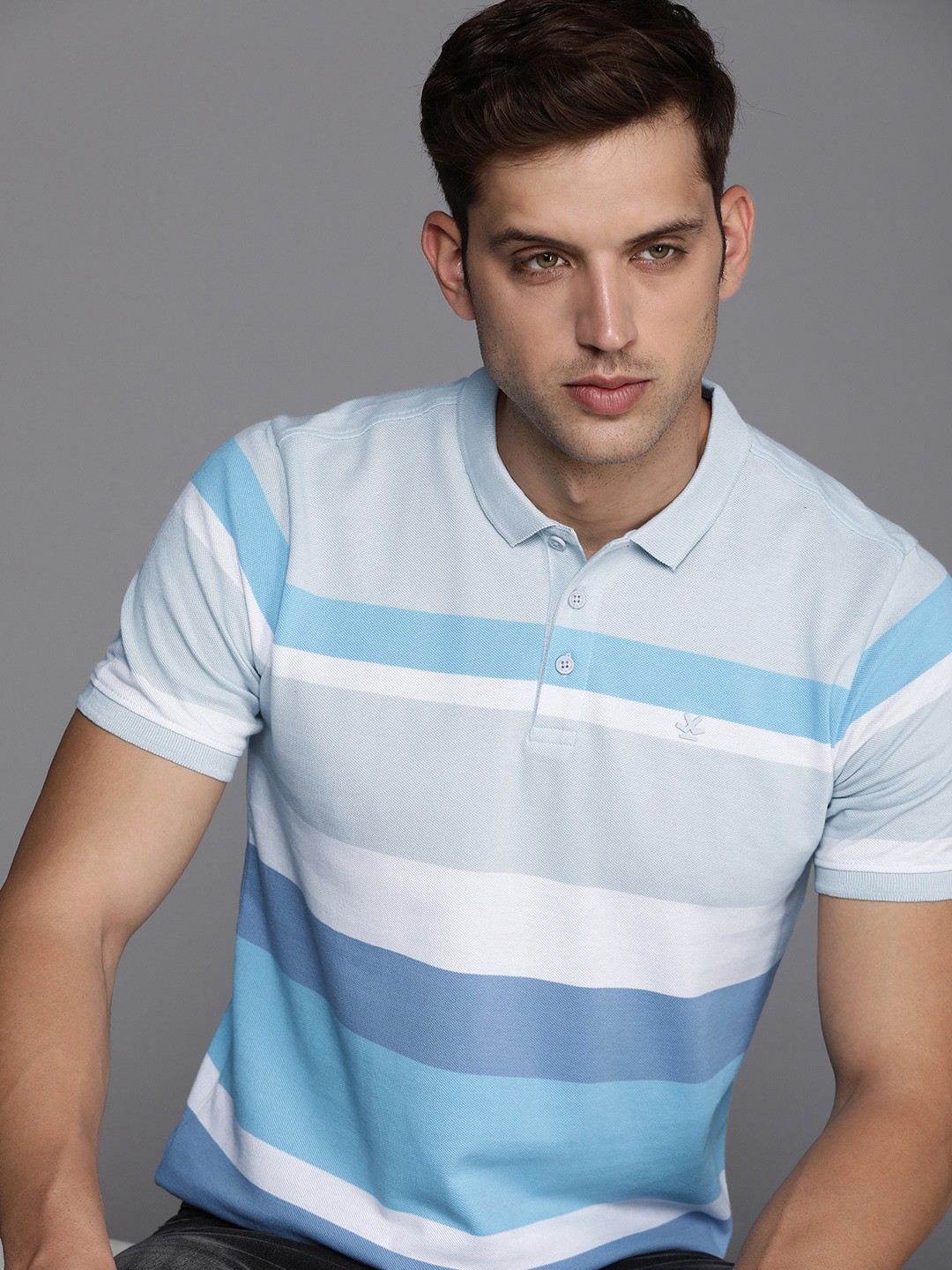 

WROGN Men Colourblocked Polo Collar Slim Fit T-shirt, Blue