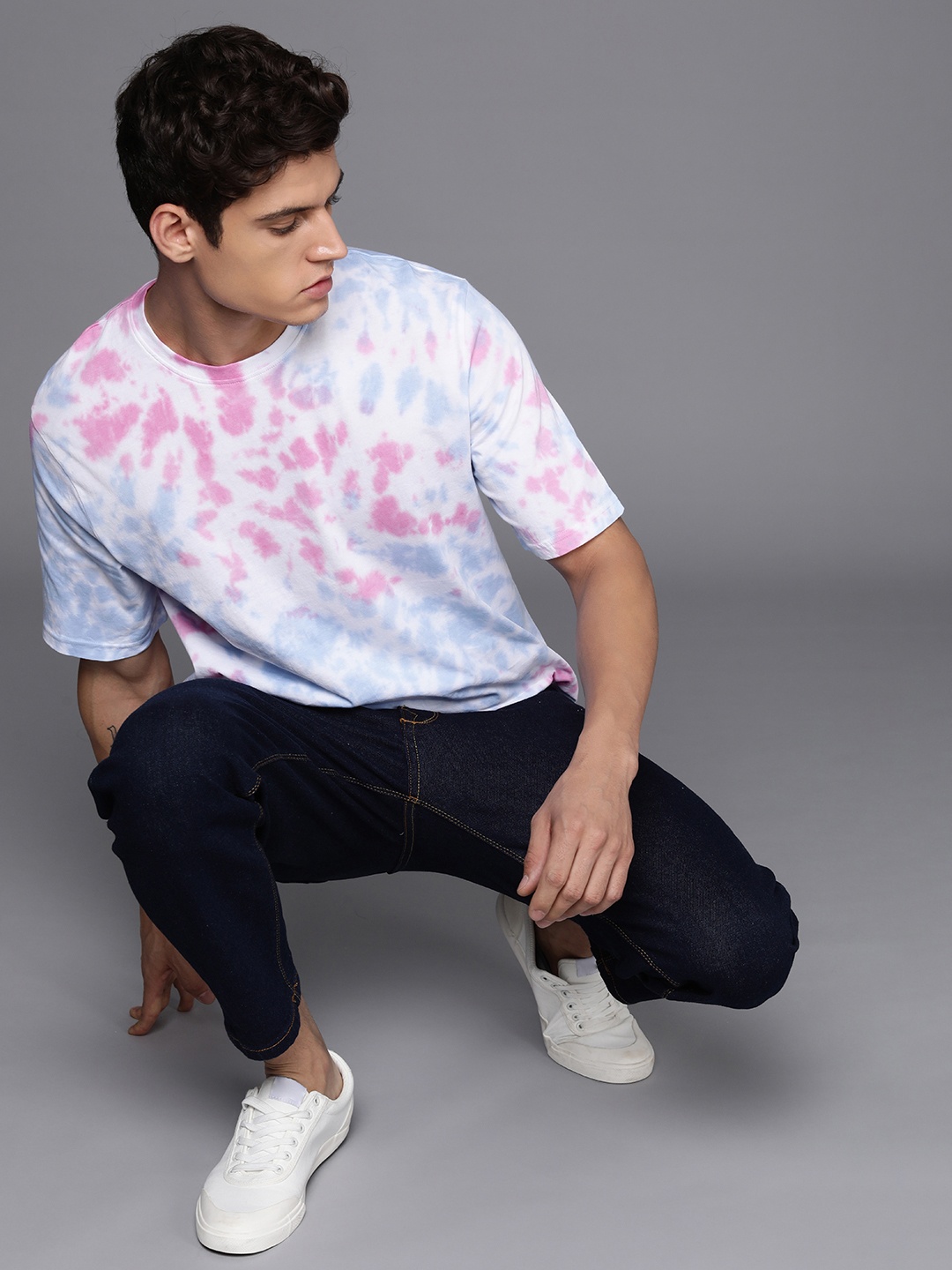 

WROGN Tie and Dyed Printed Pure Cotton Comfort Fit T-shirt, Blue