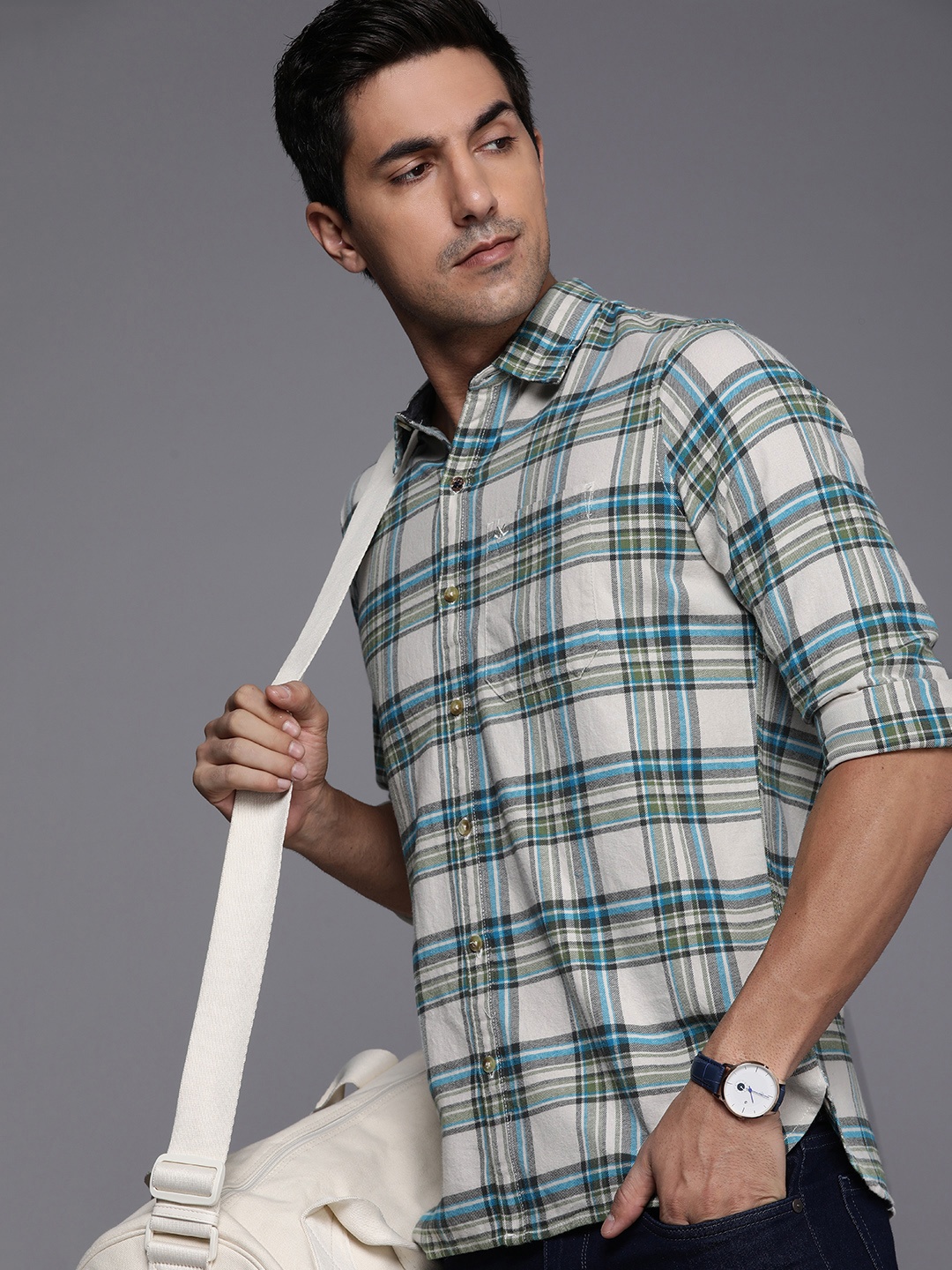 

WROGN Pure Cotton Slim Fit Tartan Checked Casual Shirt, Green