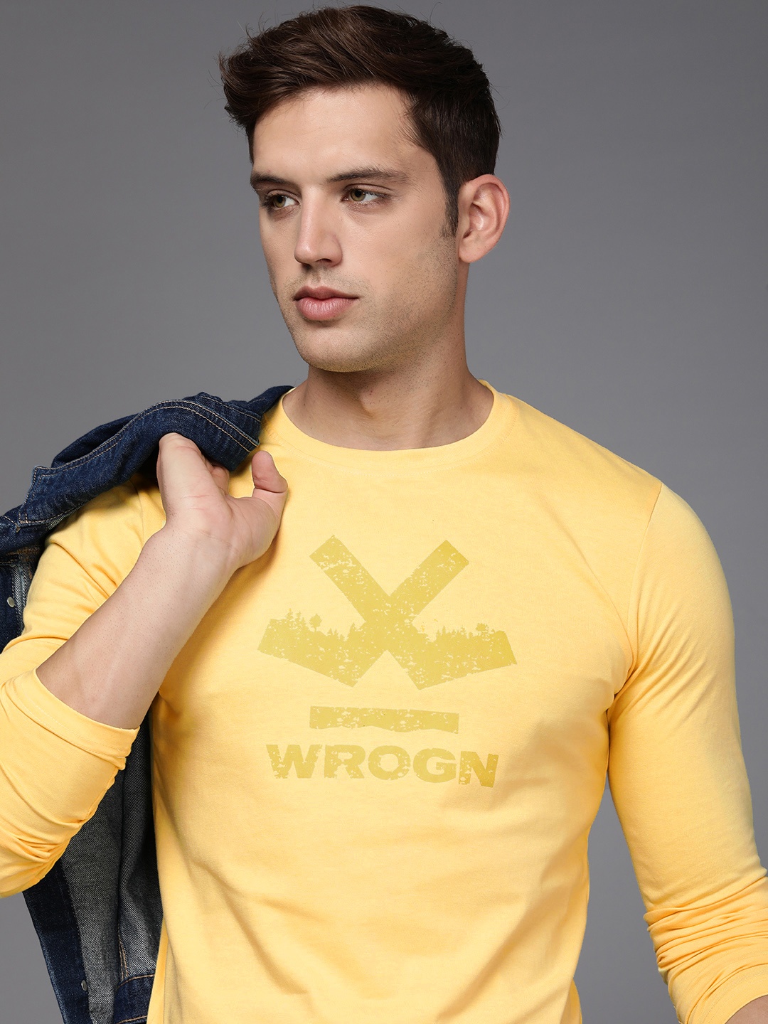 

WROGN Men Brand Logo Printed Round Neck Long Sleeves Slim Fit T-shirt, Yellow