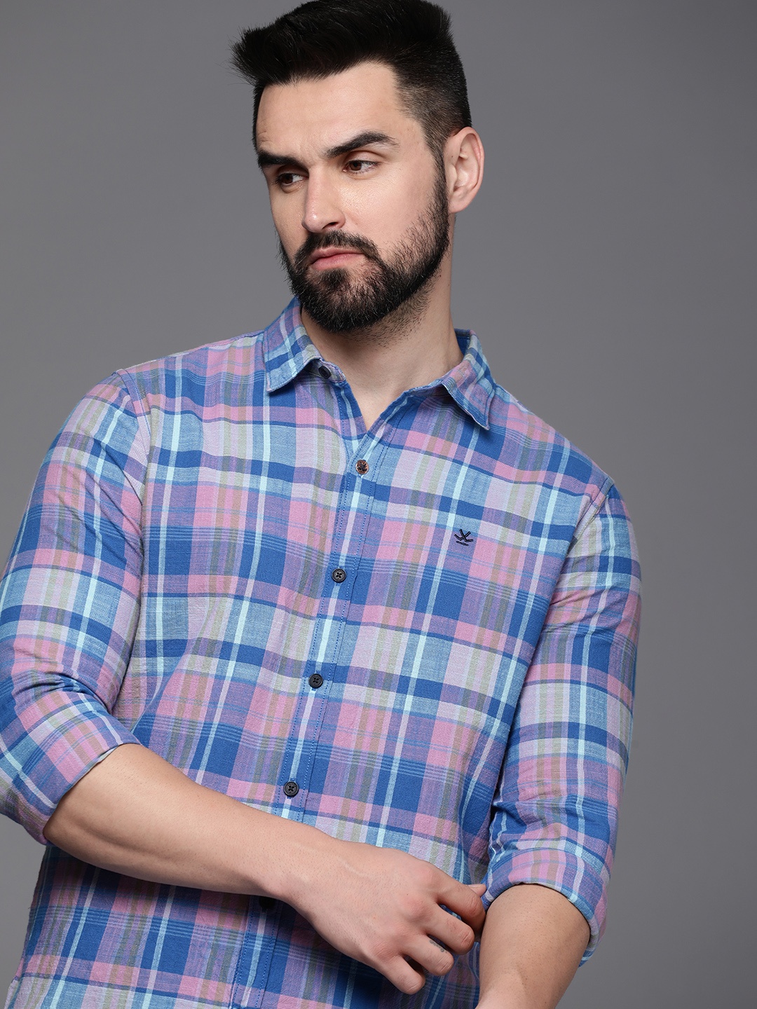 

WROGN Men Pure Cotton Slim Fit Opaque Checked Casual Shirt, Blue