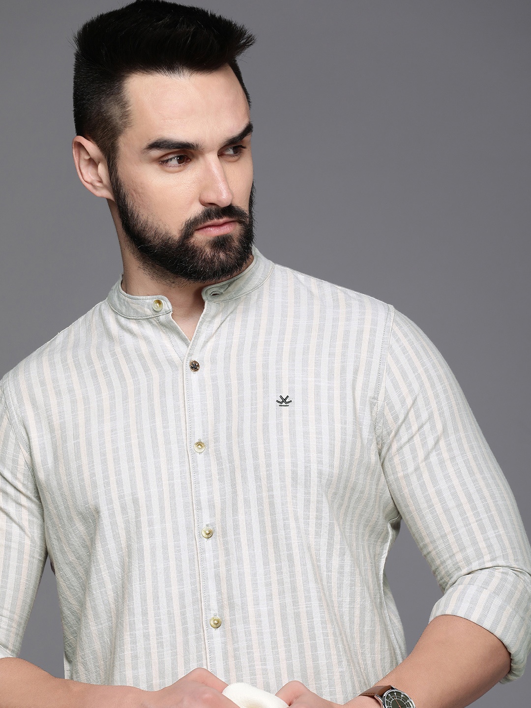 

WROGN Men Pure Cotton Slim Fit Opaque Striped Casual Shirt, Off white