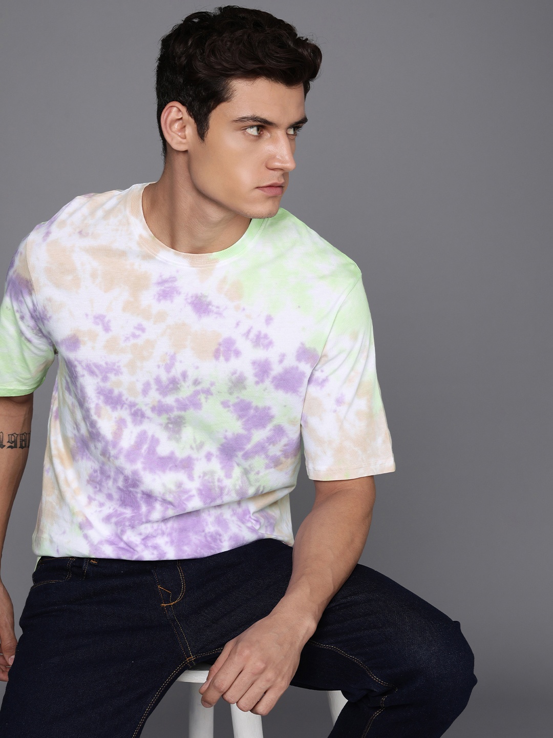 

WROGN Tie and Dye Printed Pure Cotton Comfort Fit T-shirt, Purple