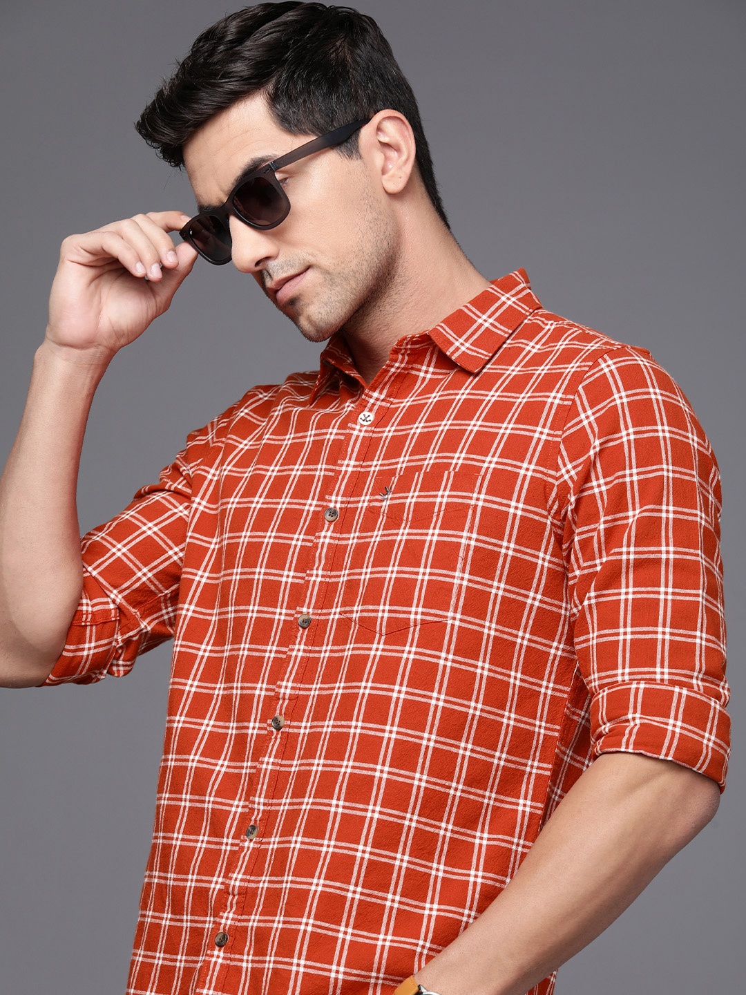 

WROGN Slim Fit Checked Pure Cotton Casual Shirt, Rust