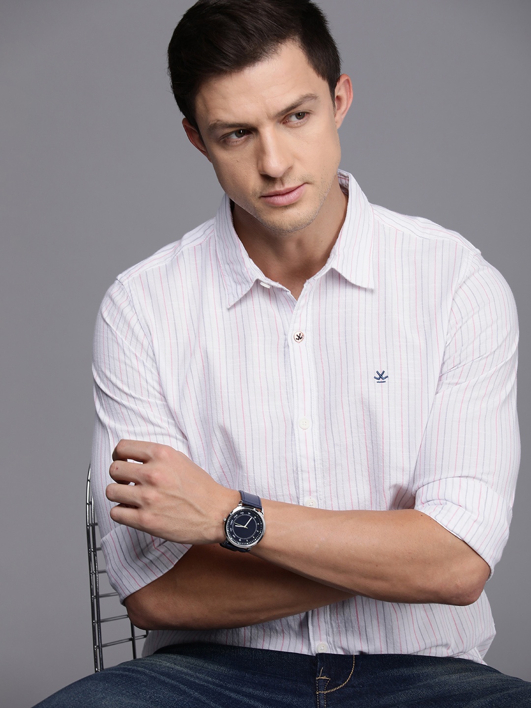 

WROGN Slim Fit Pure Cotton Striped Casual Shirt, White
