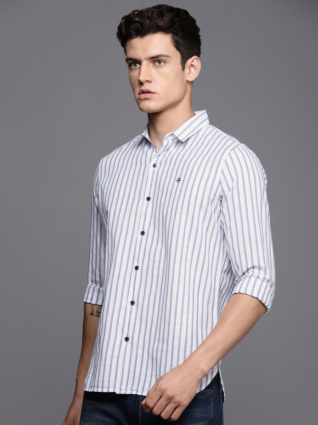 

WROGN Pure Cotton Slim Fit Striped Casual Shirt, White
