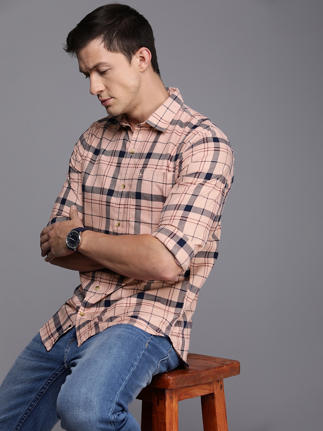 

WROGN Slim Fit Pure Cotton Checked Casual Shirt, Peach