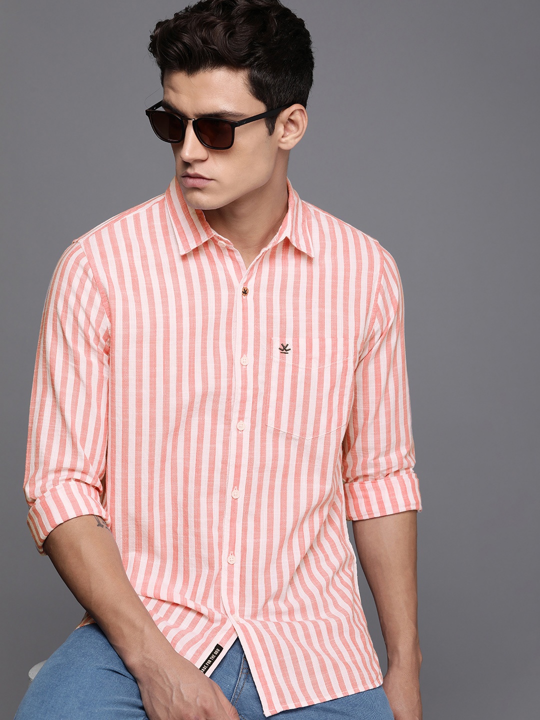 

WROGN Pure Cotton Slim Fit Striped Casual Shirt, Red