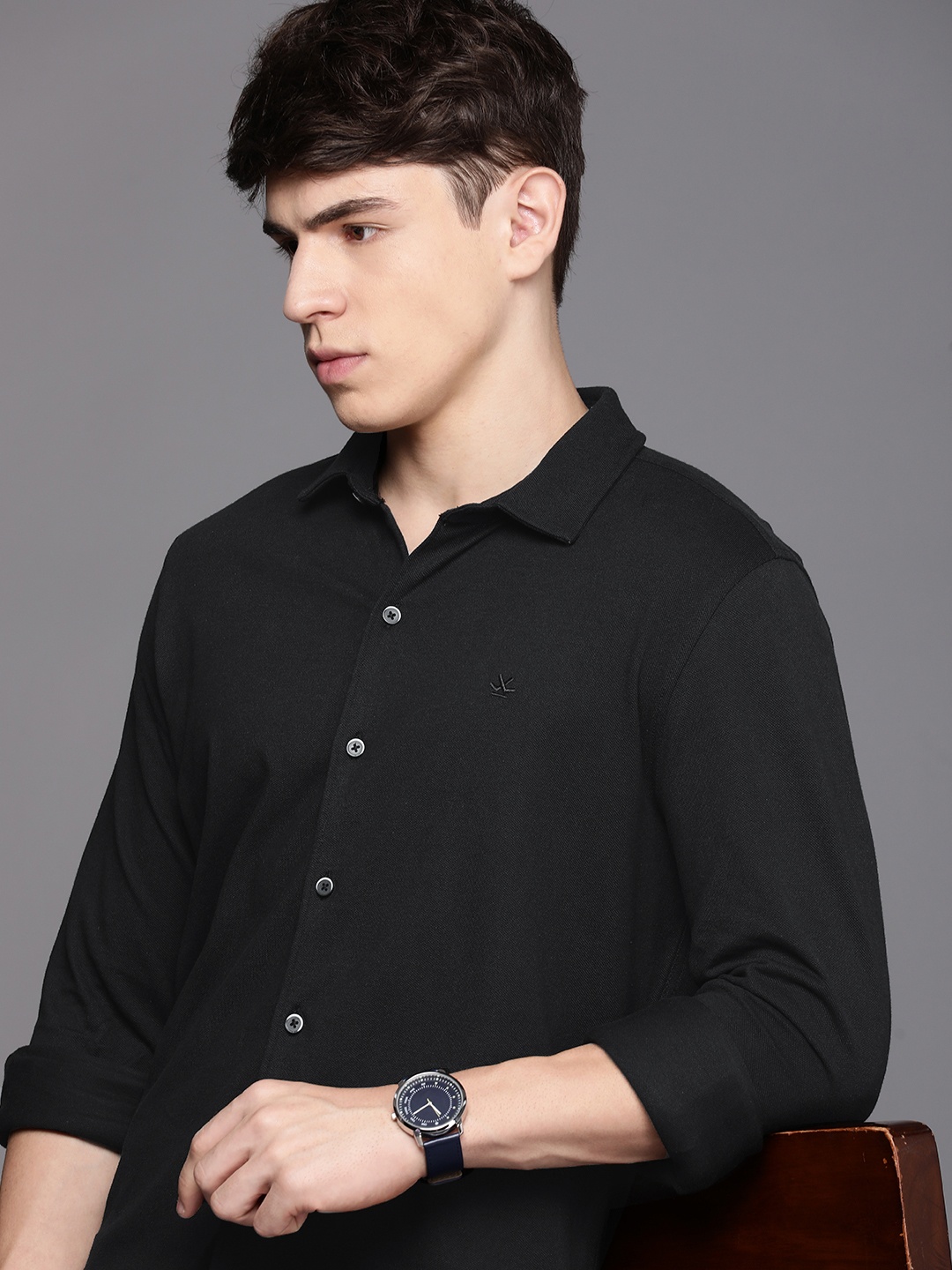 

WROGN Pure Cotton Slim Fit Casual Shirt, Black