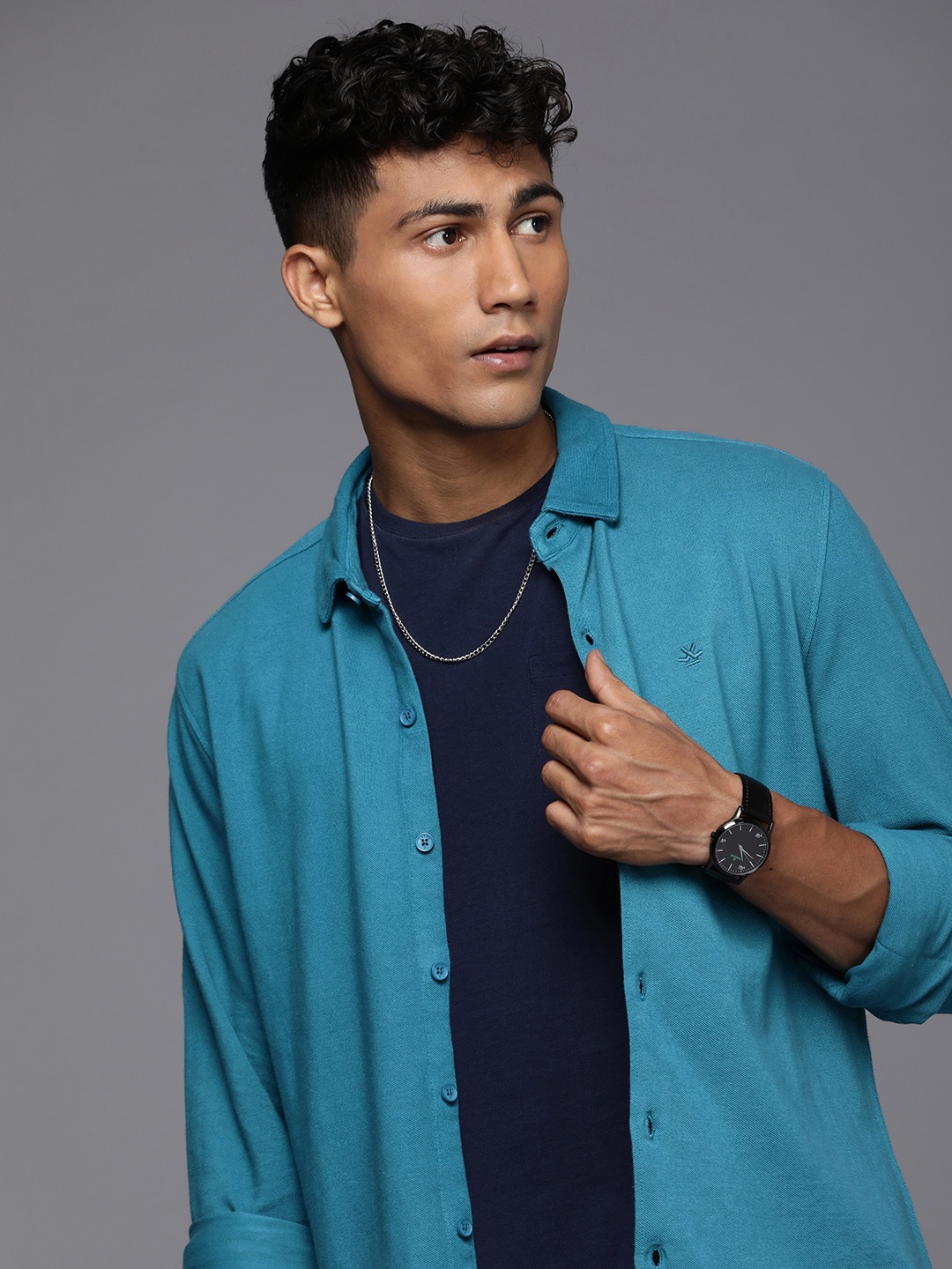 

WROGN Pure Cotton Slim Fit Casual Shirt, Blue
