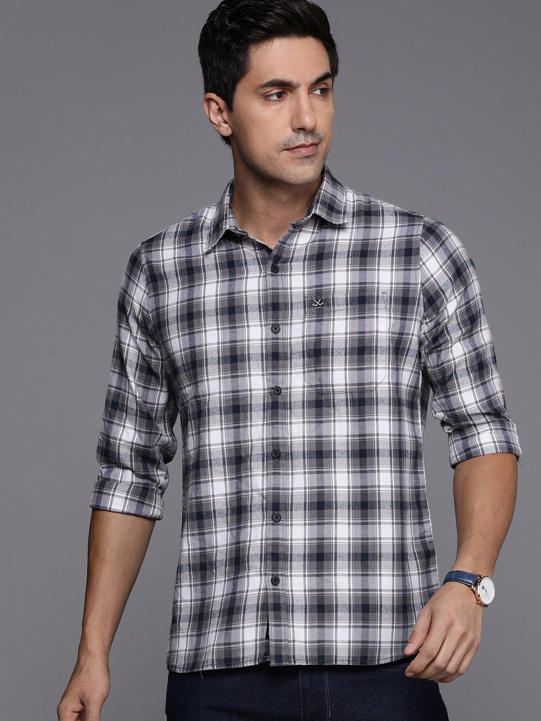 

WROGN Slim Fit Tartan Checked Casual Shirt, Grey