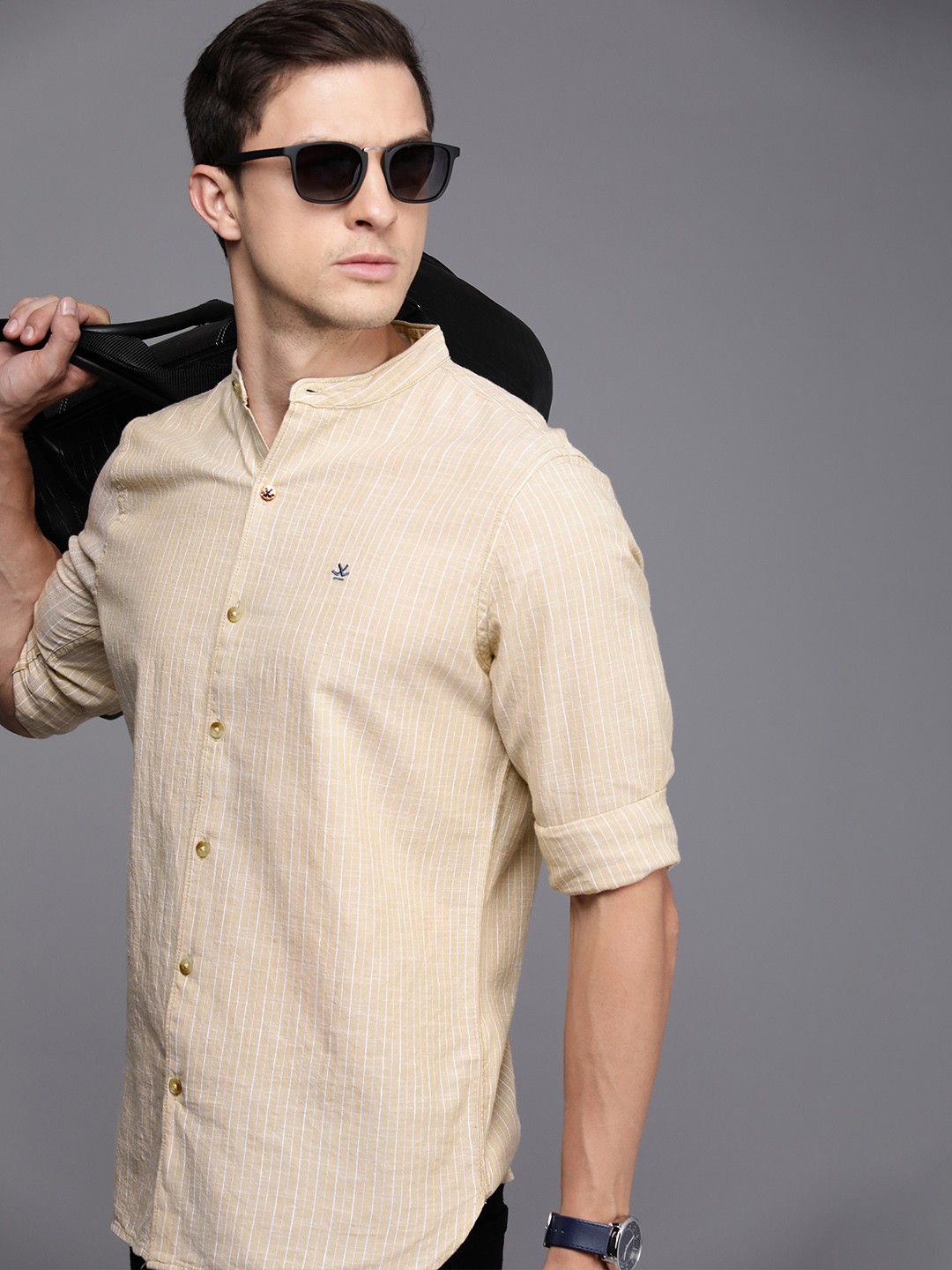 

WROGN Slim Fit Pure Cotton Striped Casual Shirt, Beige