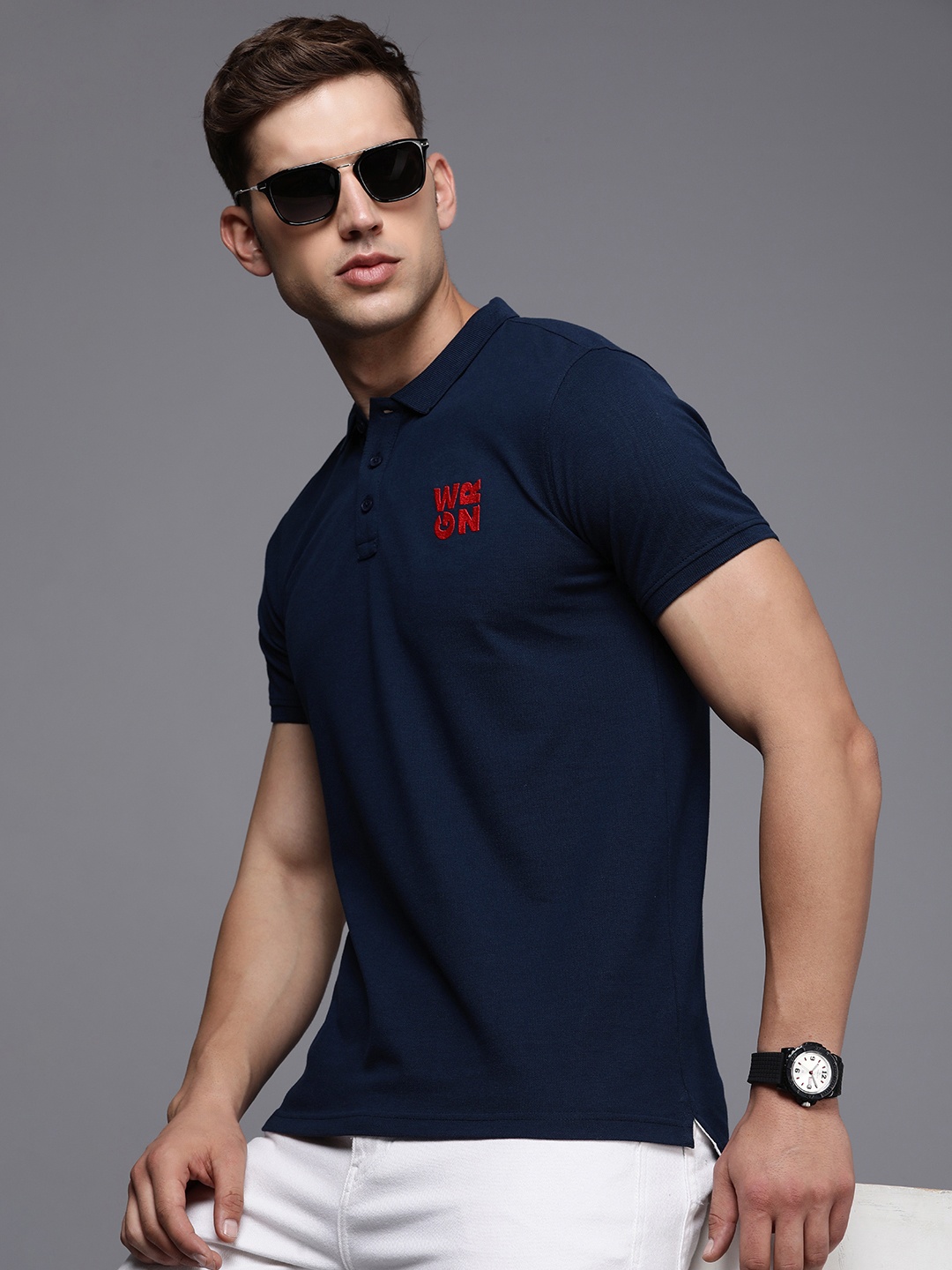 

WROGN Brand Logo Embroidered Polo Collar Slim Fit T-shirt, Navy blue