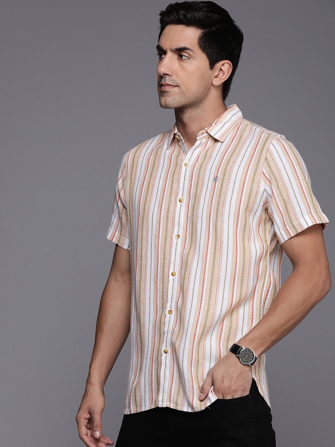 

WROGN Slim Fit Striped Casual Shirt, Beige