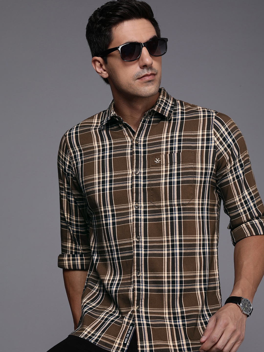 

WROGN Slim Fit Tartan Checked Casual Shirt, Brown