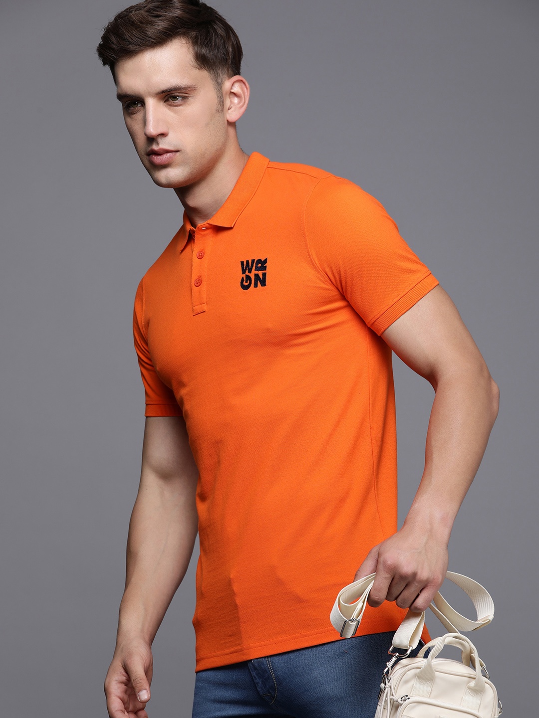 

WROGN Brand Logo Embroidered Polo Collar Slim Fit T-shirt, Orange