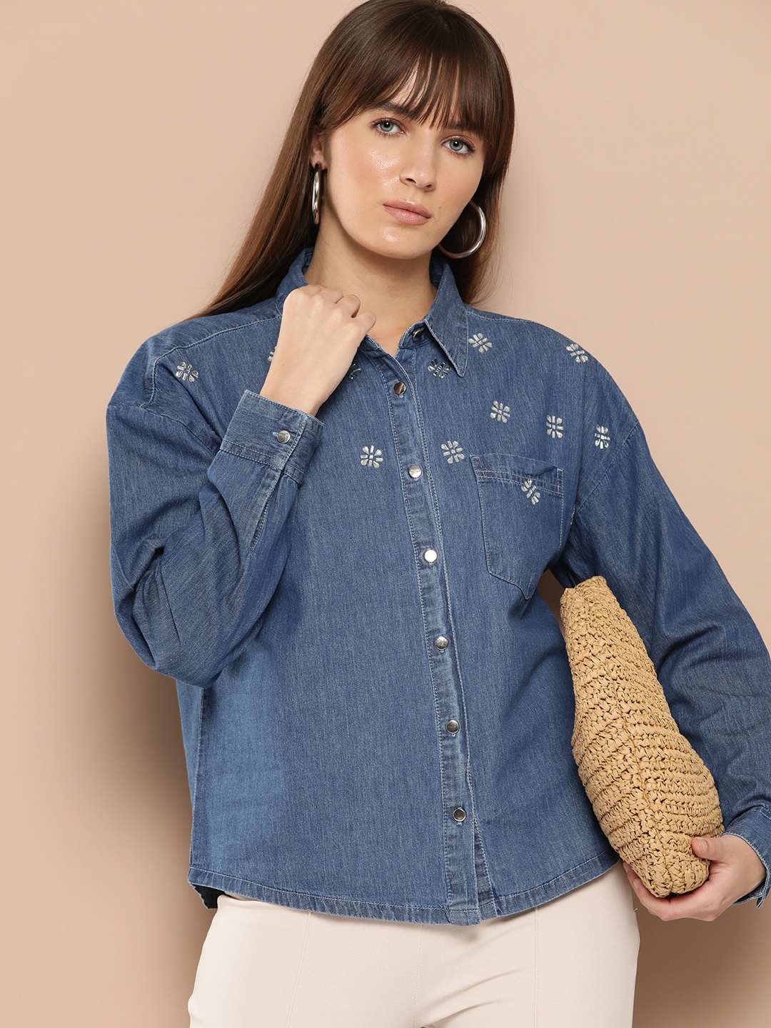 

Chemistry Pure Cotton Embellished Chambray Shirt, Blue