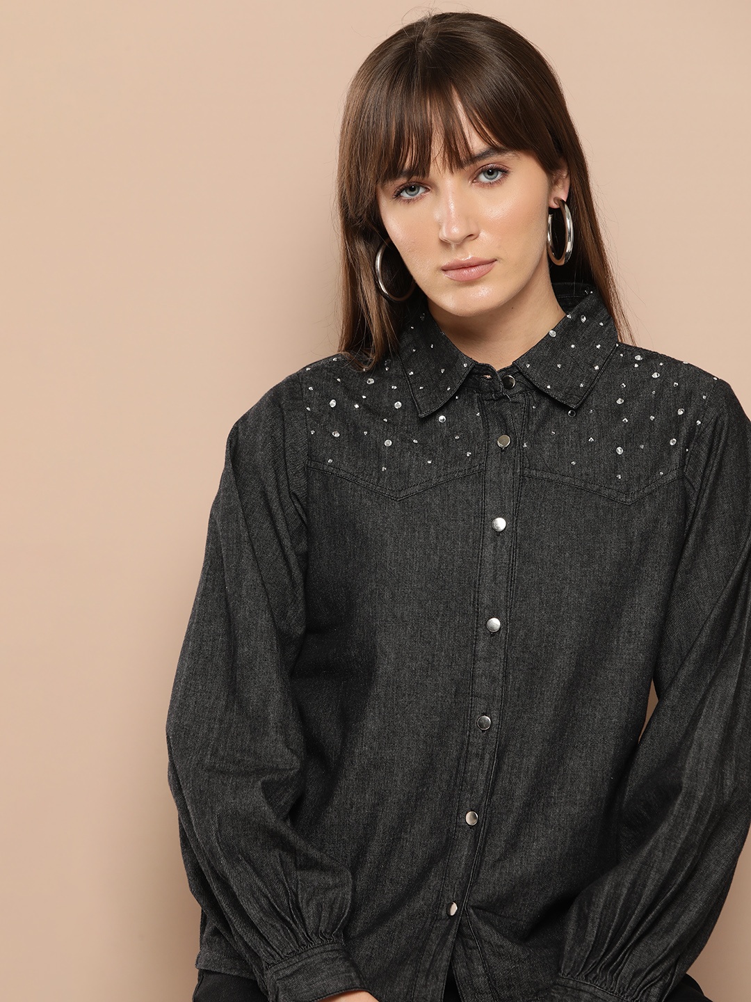 

Chemistry Pure Cotton Embellished Chambray Shirt, Black