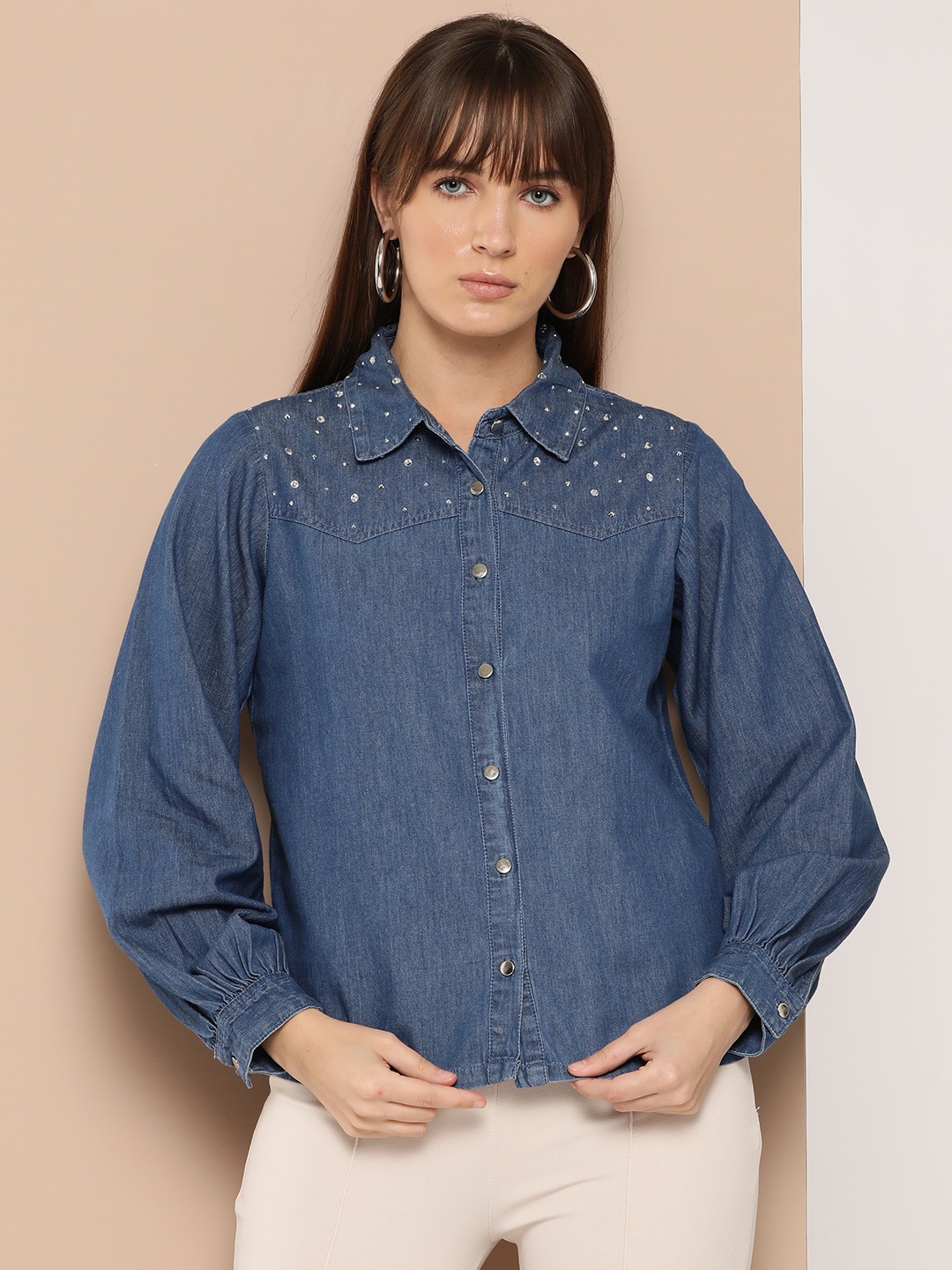 

Chemistry Pure Cotton Embellished Chambray Shirt, Blue