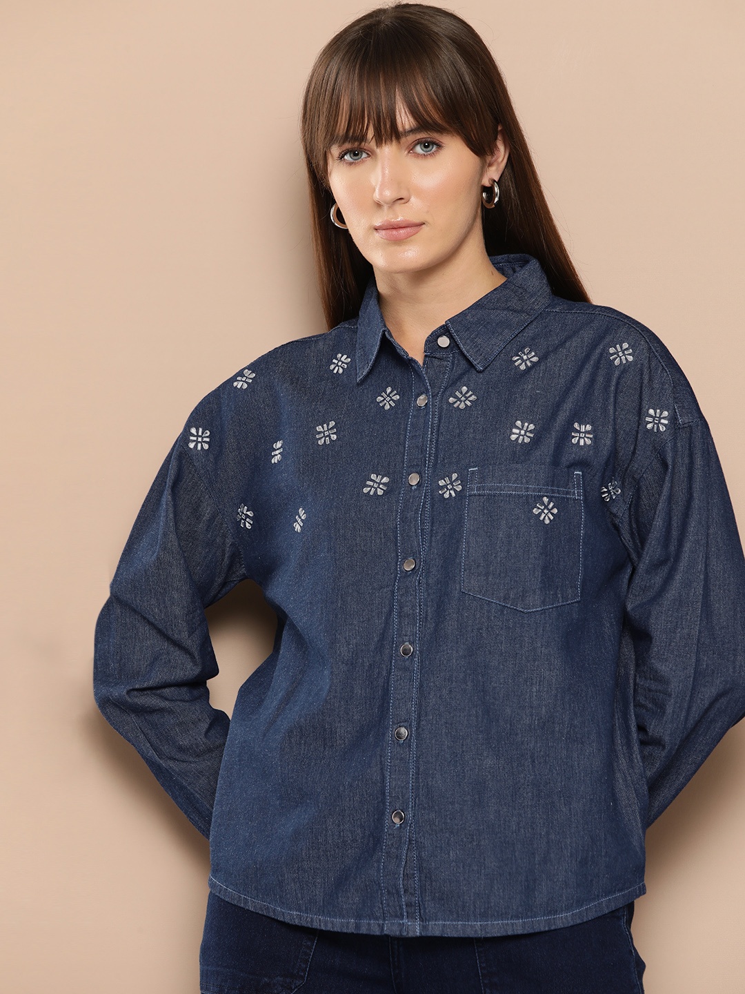 

Chemistry Cotton Embellished Chambray Shirt, Blue