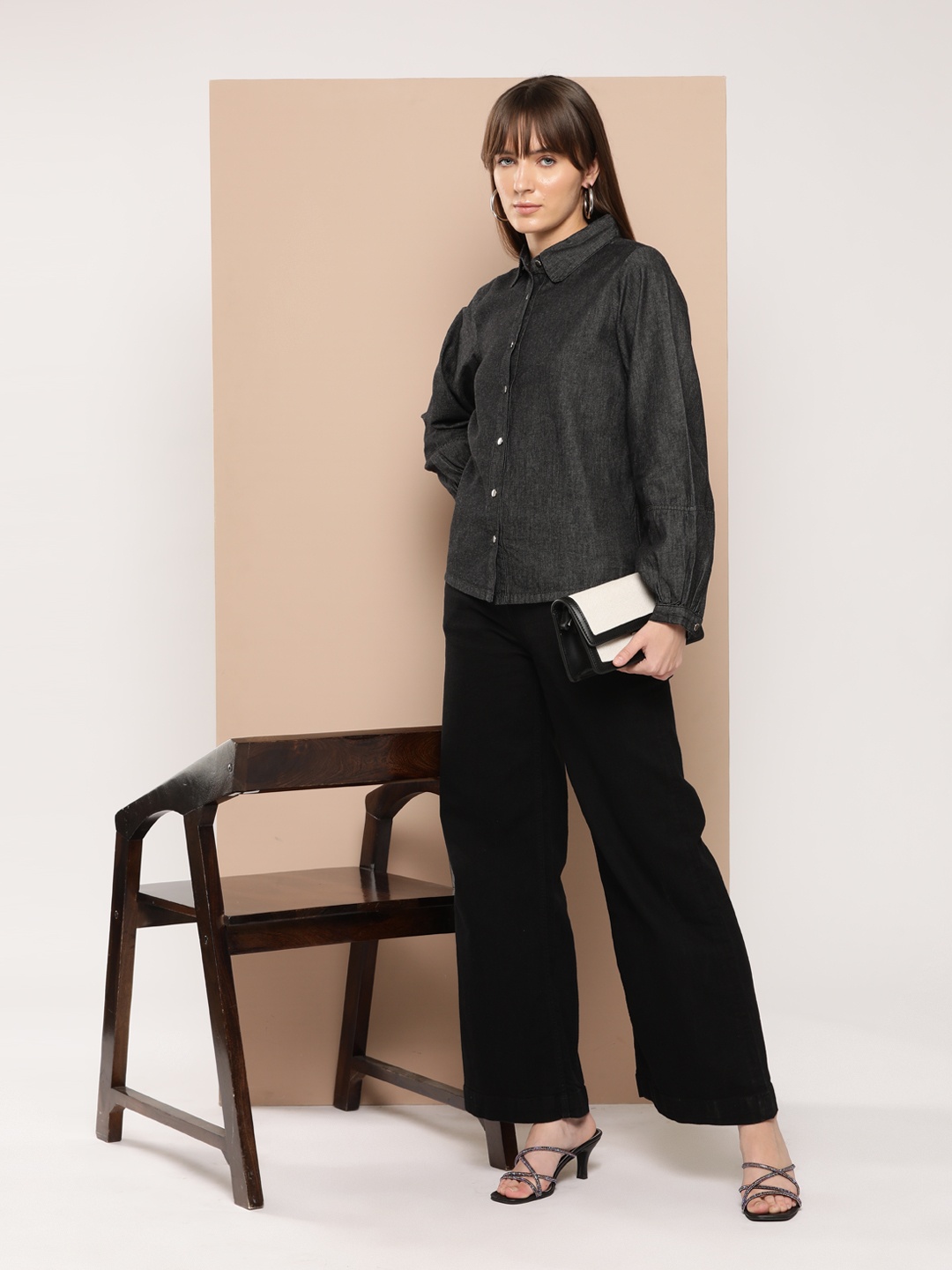 

Chemistry Long Sleeve Gathered Detail Chambray Shirt, Black