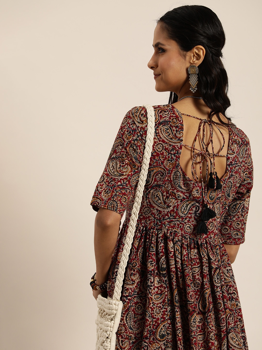 

Taavi Kalamkari Ethnic Motifs Printed A-Line Kurta, Maroon