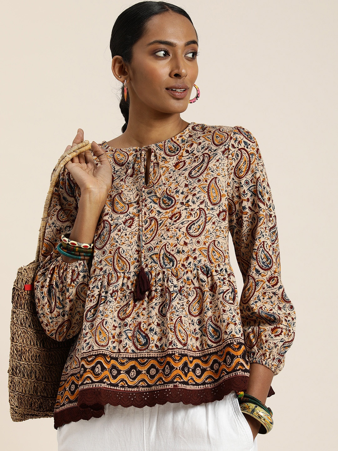 

Taavi Print Tie-Up Neck Puff Sleeve Ethnic Pure Cotton Peplum Kalamkari Top, Beige