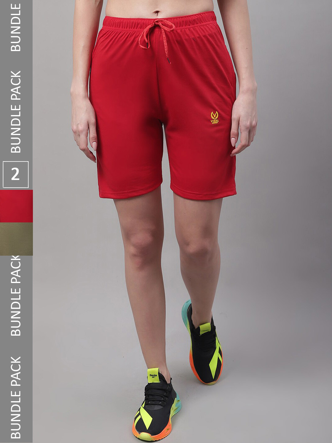 

VIMAL JONNEY Women Pack Of 2 Mid Rise Sports Cotton Shorts, Red