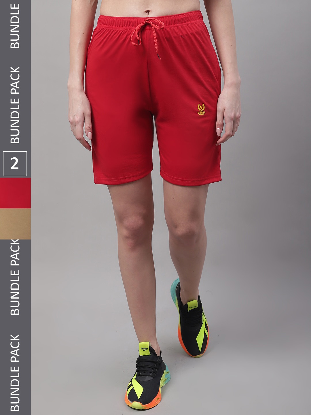 VIMAL JONNEY Women Pack Of 2 Mid Rise Sports Cotton Shorts, Red