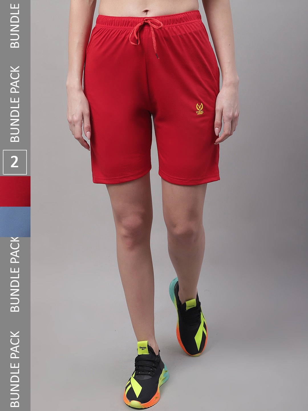 MACK JONNEY Women Pack Of 2 Sports Cotton Shorts, Red