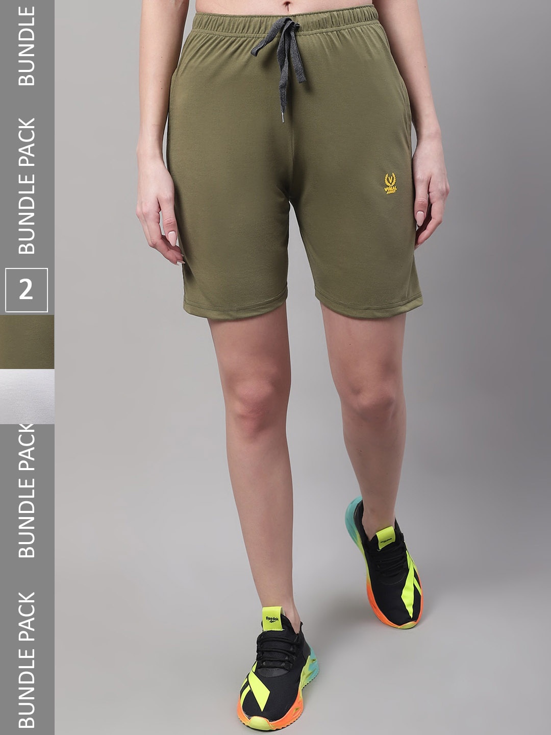 

MACK JONNEY Women Pack Of 2 Mid Rise Cotton Sports Shorts, Olive