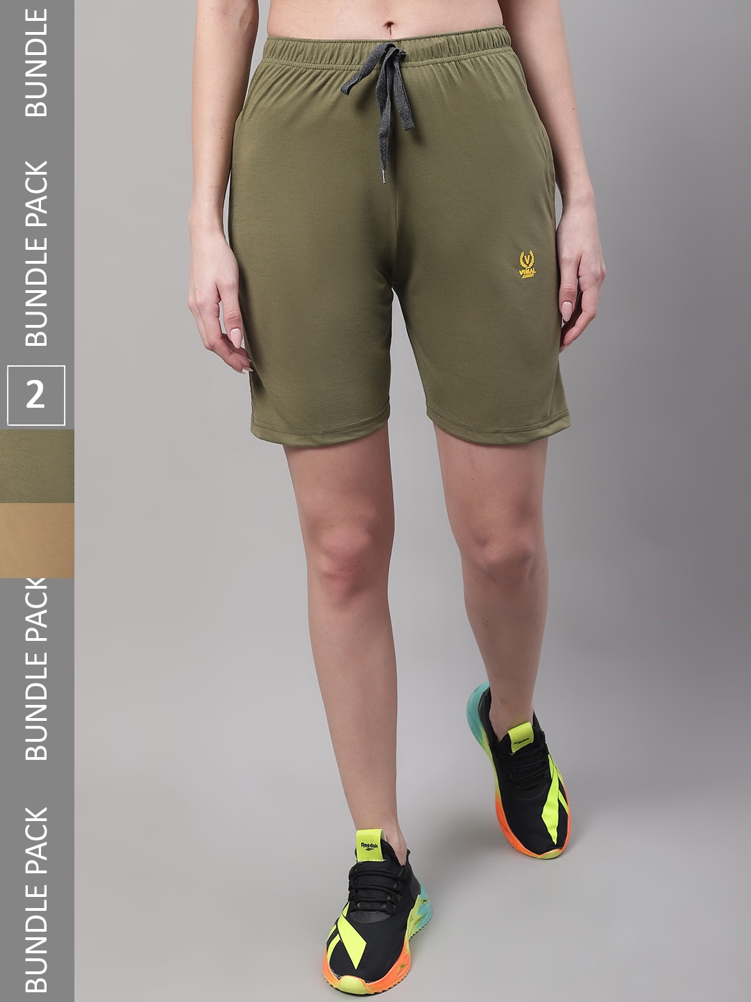 

VIMAL JONNEY Women Pack Of 2 Mid Rise Cotton Sports Shorts, Olive