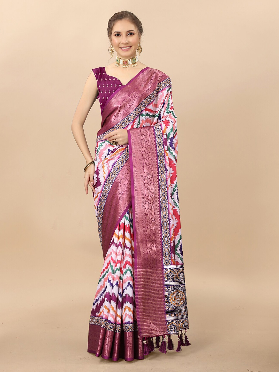 

MARGI DESIGNERS Ikat Printed Zari Banarasi Saree, Purple